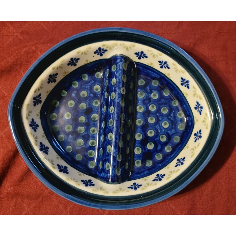 Polish Pottery Boleslawiec Divided Bowl Serving dish Oval 8 x 7 inch Cobalt Blue